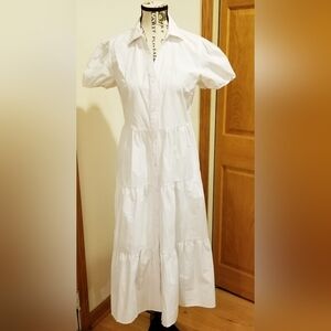 18 CM White Button-Up Tiered Puff Sleeve Shirt Dress Cotton Blend Size M Coastal